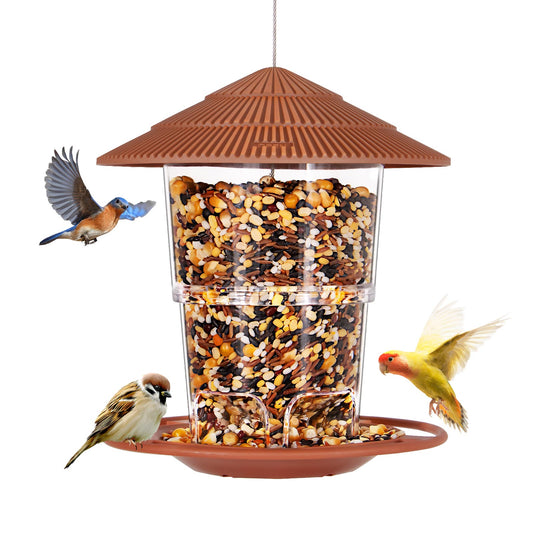 SeptDorf Bird Feeder for Outdoors, Wild Bird Feeders for Outside Hanging, 2 Lb Large Capacity, Adjustable Feeder with Sturdy Wire and Roof, Easy to Refill and Clean, Plastic, Brown