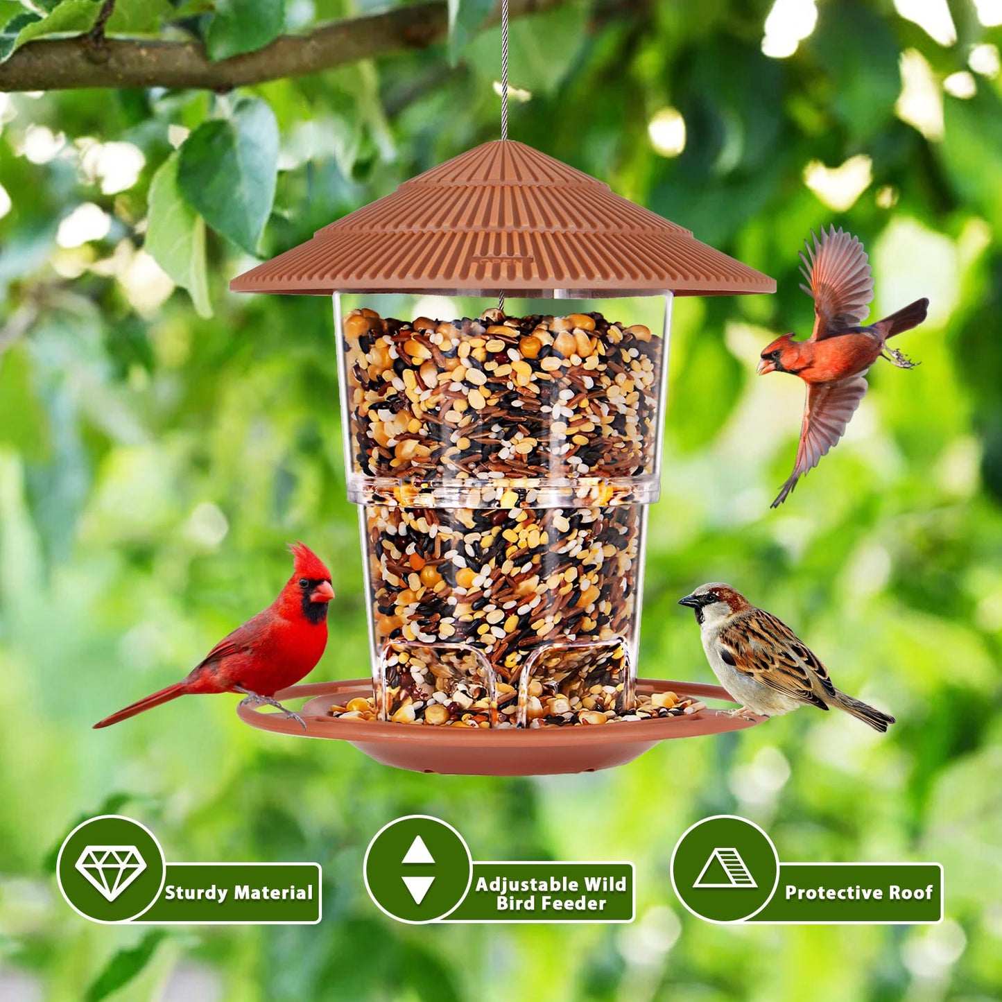 SeptDorf Bird Feeder for Outdoors, Wild Bird Feeders for Outside Hanging, 2 Lb Large Capacity, Adjustable Feeder with Sturdy Wire and Roof, Easy to Refill and Clean, Plastic, Brown