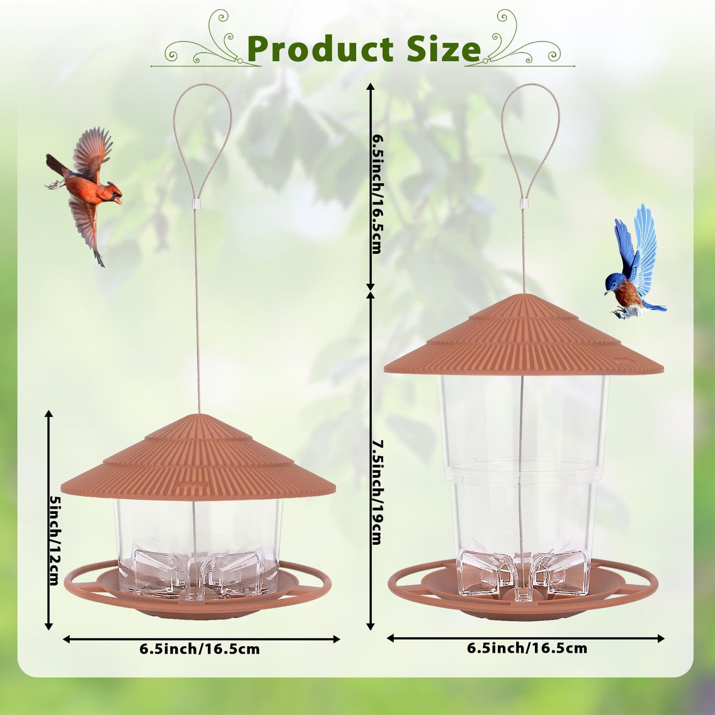 SeptDorf Bird Feeder for Outdoors, Wild Bird Feeders for Outside Hanging, 2 Lb Large Capacity, Adjustable Feeder with Sturdy Wire and Roof, Easy to Refill and Clean, Plastic, Brown