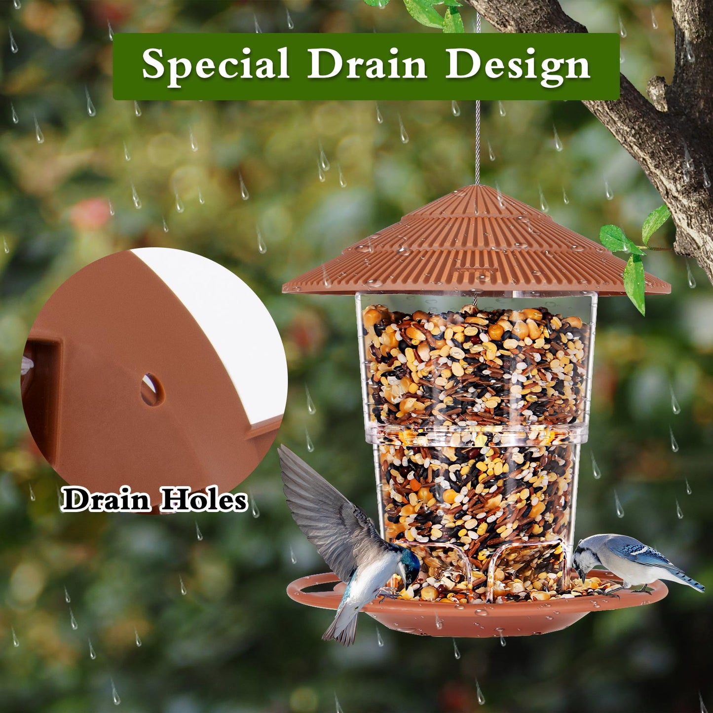 SeptDorf Bird Feeder for Outdoors, Wild Bird Feeders for Outside Hanging, 2 Lb Large Capacity, Adjustable Feeder with Sturdy Wire and Roof, Easy to Refill and Clean, Plastic, Brown